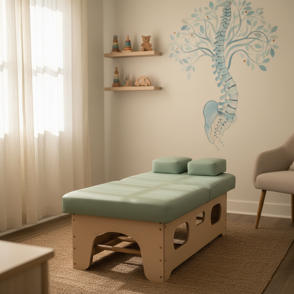 A cozy pediatric chiropractic corner designed for infants and children, featuring a small, cushioned treatment table in soft pastel green and a few simple, non-branded wooden toys placed on nearby shelves. A large, stylized illustration of a spine decorates the wall without any text, using gentle blues and creams. Natural daylight filters through sheer curtains, bathing the space in a warm, reassuring glow. Photographic realism with an eye-level composition and balanced framing, keeping the table as the main focus while the background softly blurs, creates a serene, child-friendly atmosphere emphasizing specialized pediatric care.