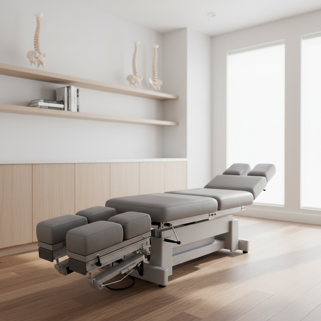 A modern chiropractic treatment table with adjustable cushions in soft gray vegan leather stands in the center of a bright, minimalist clinic. Around it, white walls, pale wood cabinetry, and neatly organized anatomical spine models create a clean, professional environment. Large windows let in diffused daylight, casting gentle, natural highlights on the table’s textured surface and subtle shadows on the warm wood floor. Photographic realism at eye level, with the table in sharp focus and the background softly blurred, conveys a calm, reassuring, and professional atmosphere suited to a health clinic specializing in back and neck care.