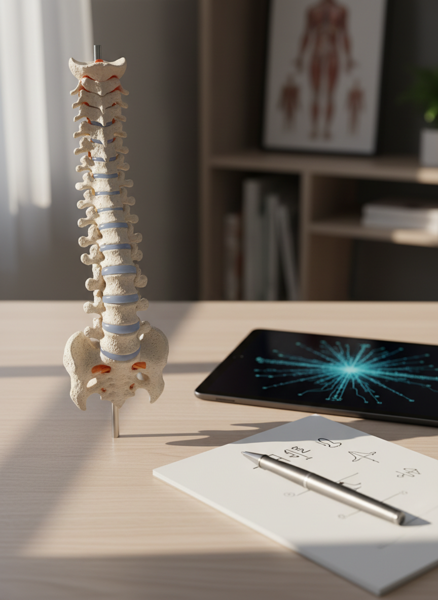 A detailed close-up of a realistic articulated spine model resting on a pale wooden desk in a chiropractic office, each vertebra finely textured in off-white with subtle shading. Beside it lie a notepad, a pen, and a digital tablet showing an abstract, non-text medical diagram, all arranged neatly. The scene is lit by soft morning light from an unseen window, creating delicate highlights along the curvature of the spine and gentle shadows across the desk. Photographic realism, shot from a slightly elevated angle with shallow depth of field, evokes precision, expertise, and careful diagnosis of locomotor system issues.